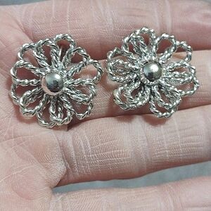 CORO VINTAGE DOUBLE LAYERED FLORAL SILVER-TONE DROP CLIP-ON 1" EARRINGS